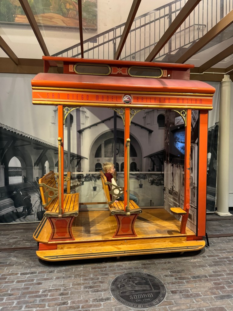 Restored trolley car kids can climb aboard at the San Diego Model Railroad Museum