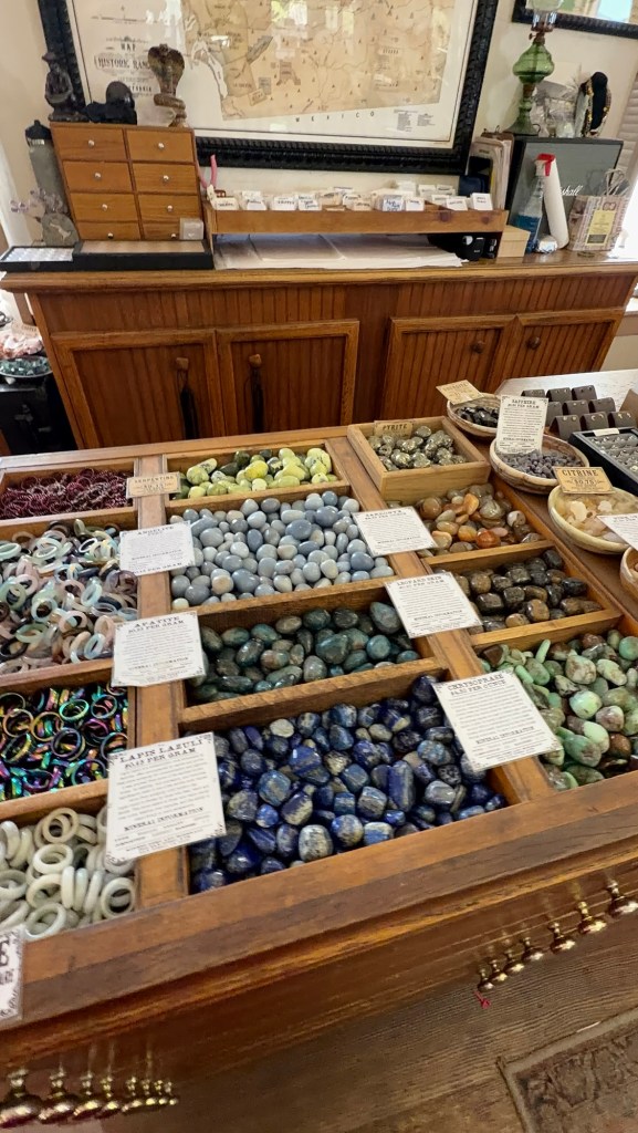 Bins of polished stones and geodes at Miner's Gems and Minerals in Old Town San Diego